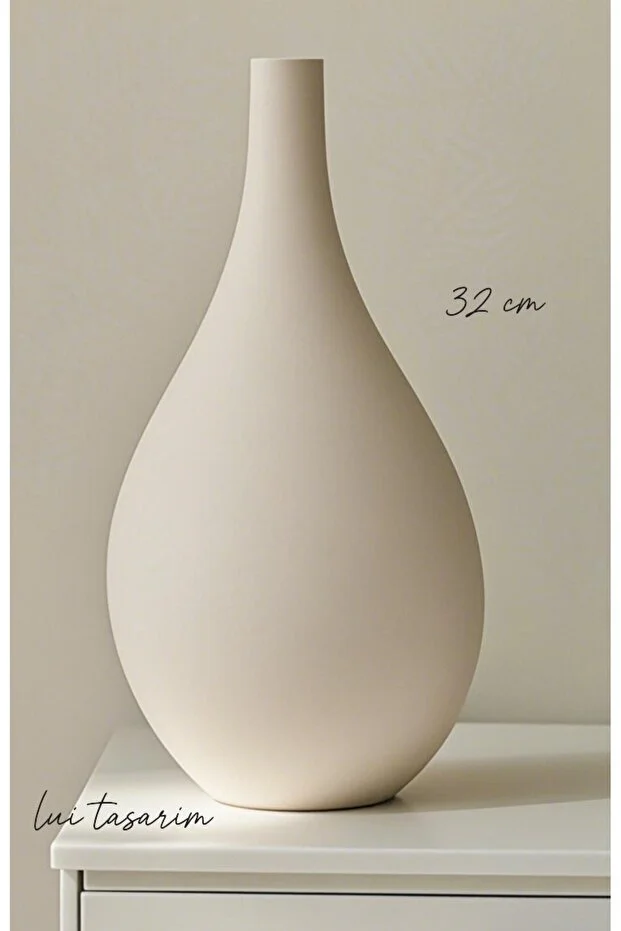 Krem Vazo Seramik El Yapımı 32 Cm